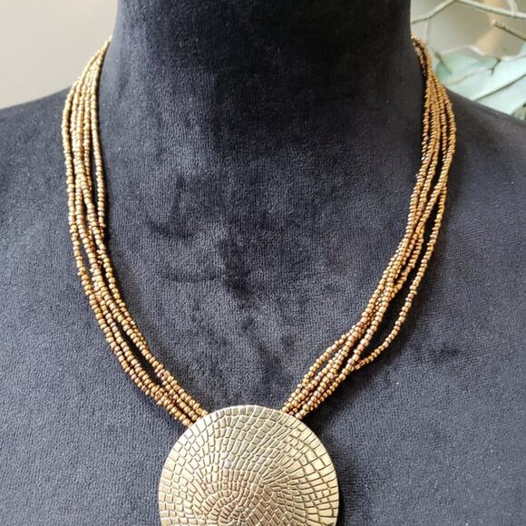Womens Multi Strand Metal Gold Seed Beads Disk Pendant Necklace with Lobster - Picture 3 of 7